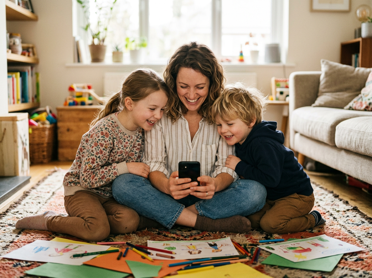 Un parent et deux enfants sur un tapis du salon, la tête réunie autour d’un téléphone