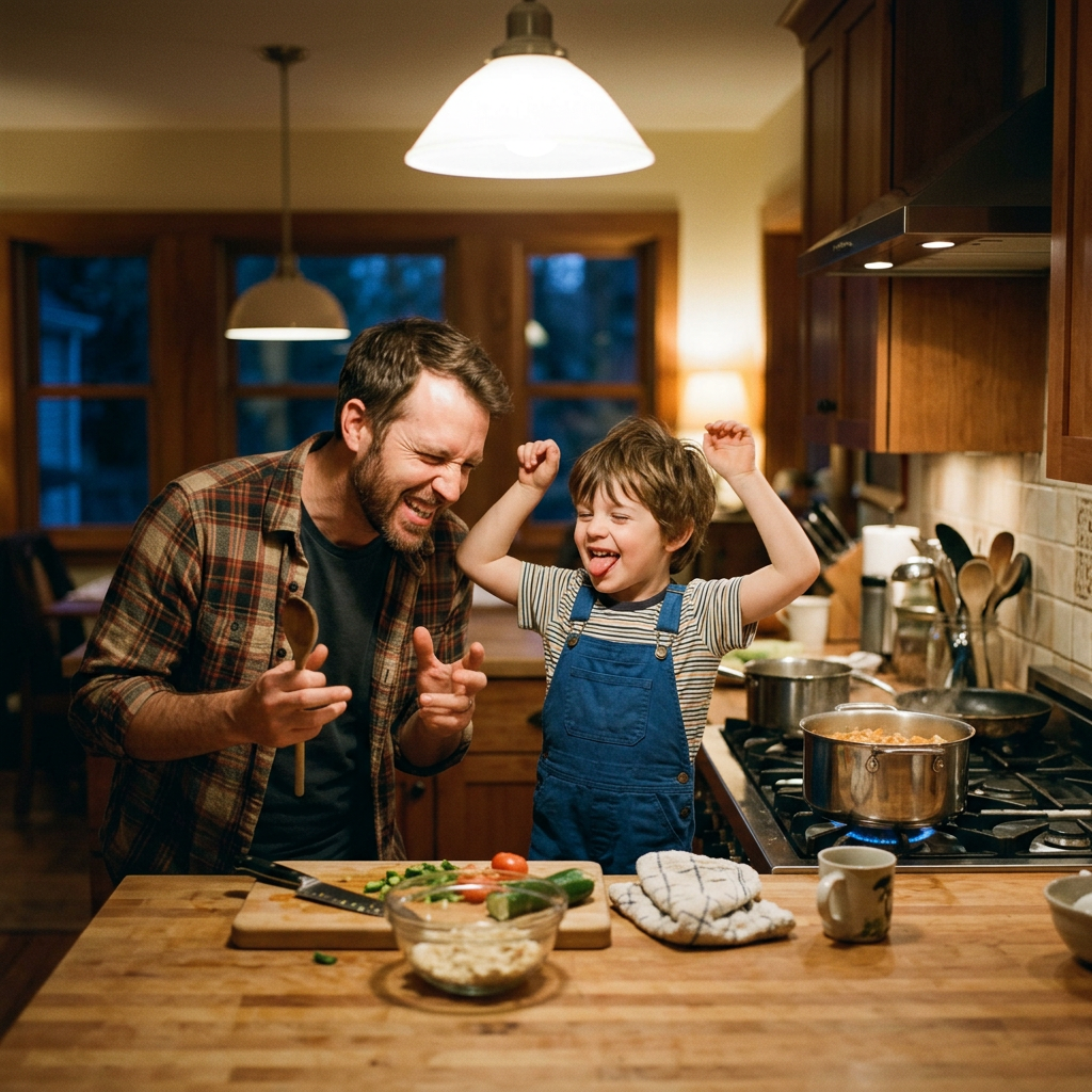 Un père et son fils riant dans la cuisine pendant que le dîner cuit