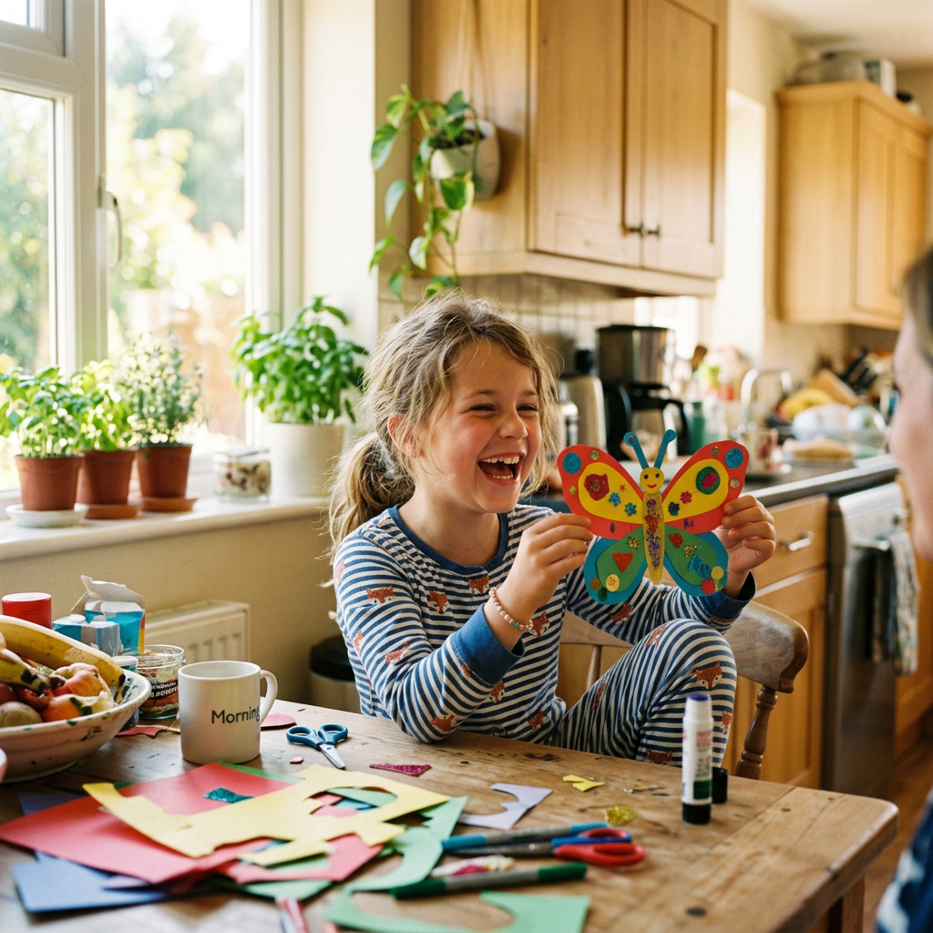 Une fille riant en tenant un papillon en papier à la table de la cuisine