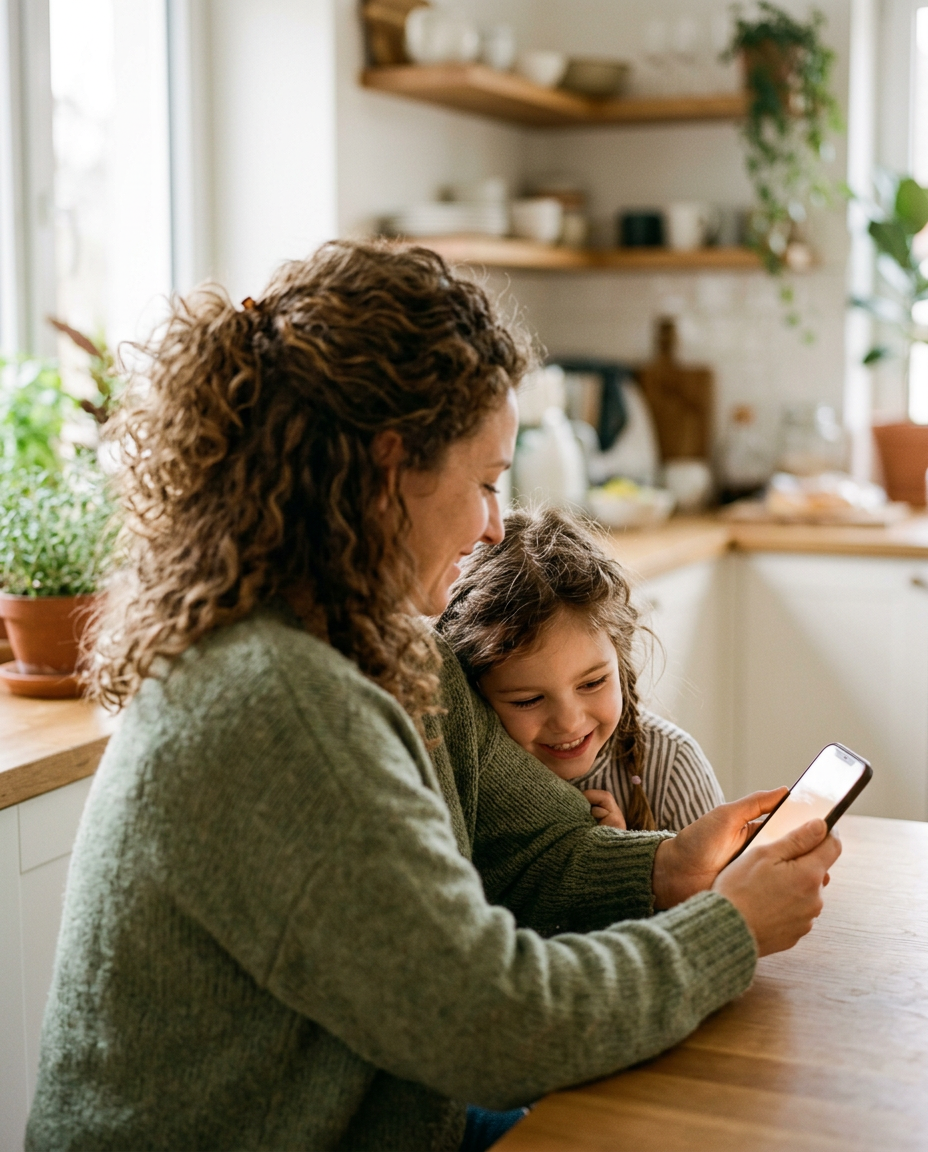 Un parent et un jeune enfant partageant un téléphone à la table de la cuisine